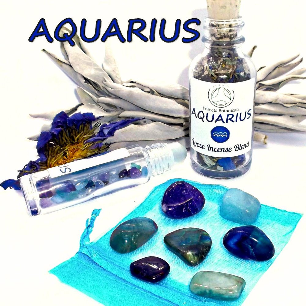 ♒ AQUARIUS Zodiac Gift Set ♒ Roller Bottle + Pocket Crystals + Incense Blend